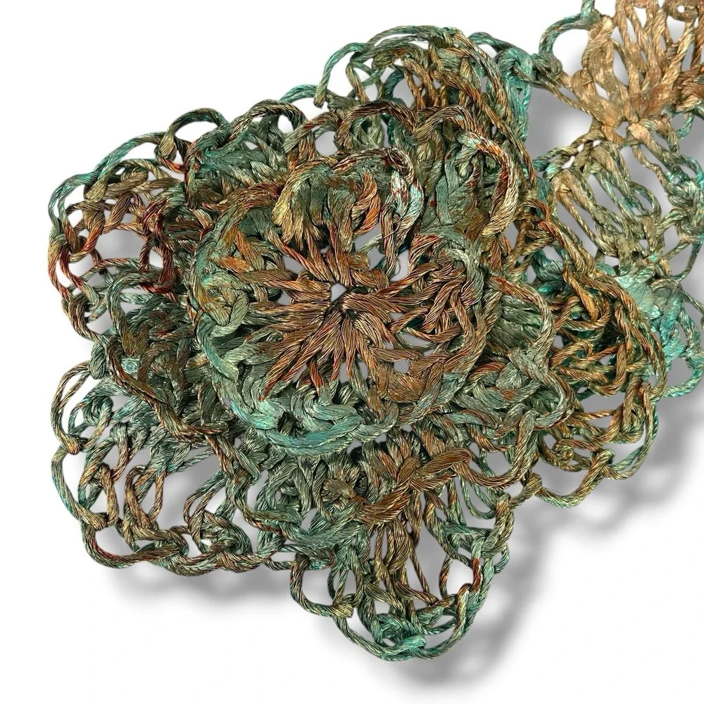 Vintage Handmade Metal Wire Lace Crochet Belt w/Large Flower Buckle Teal 38-39
